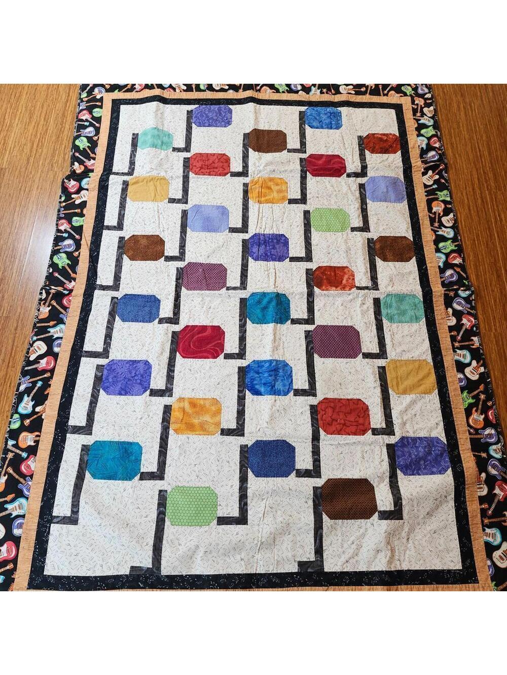 Colorful Handmade Quilt with Musical Guitar Border 60 x 86 Inch